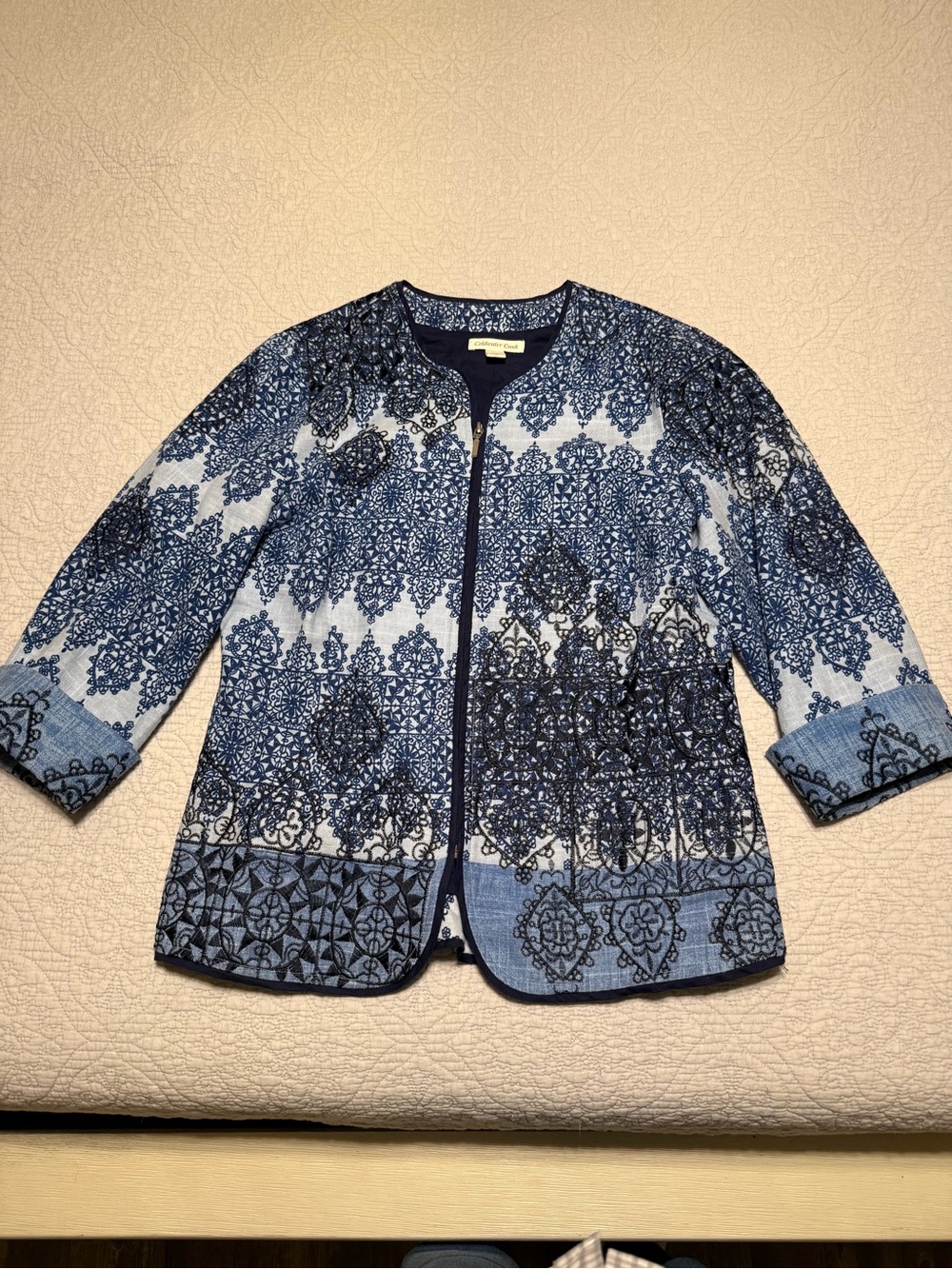 Coldwater Creek Blue Medallion Print Zip Up Embroidered Linen Jacket